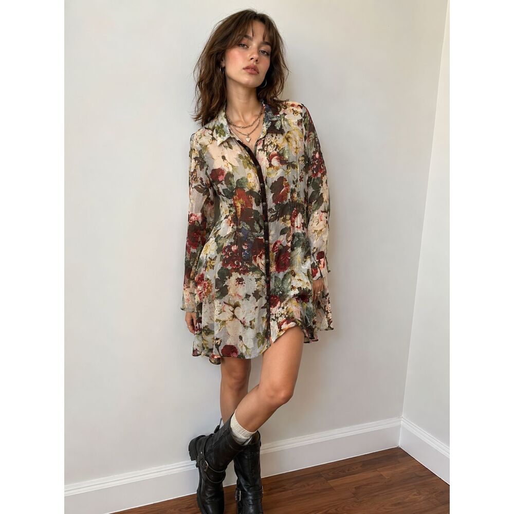 Aratta Silent Journey Multicolor Floral Silk Mini Dress Women's Size Large